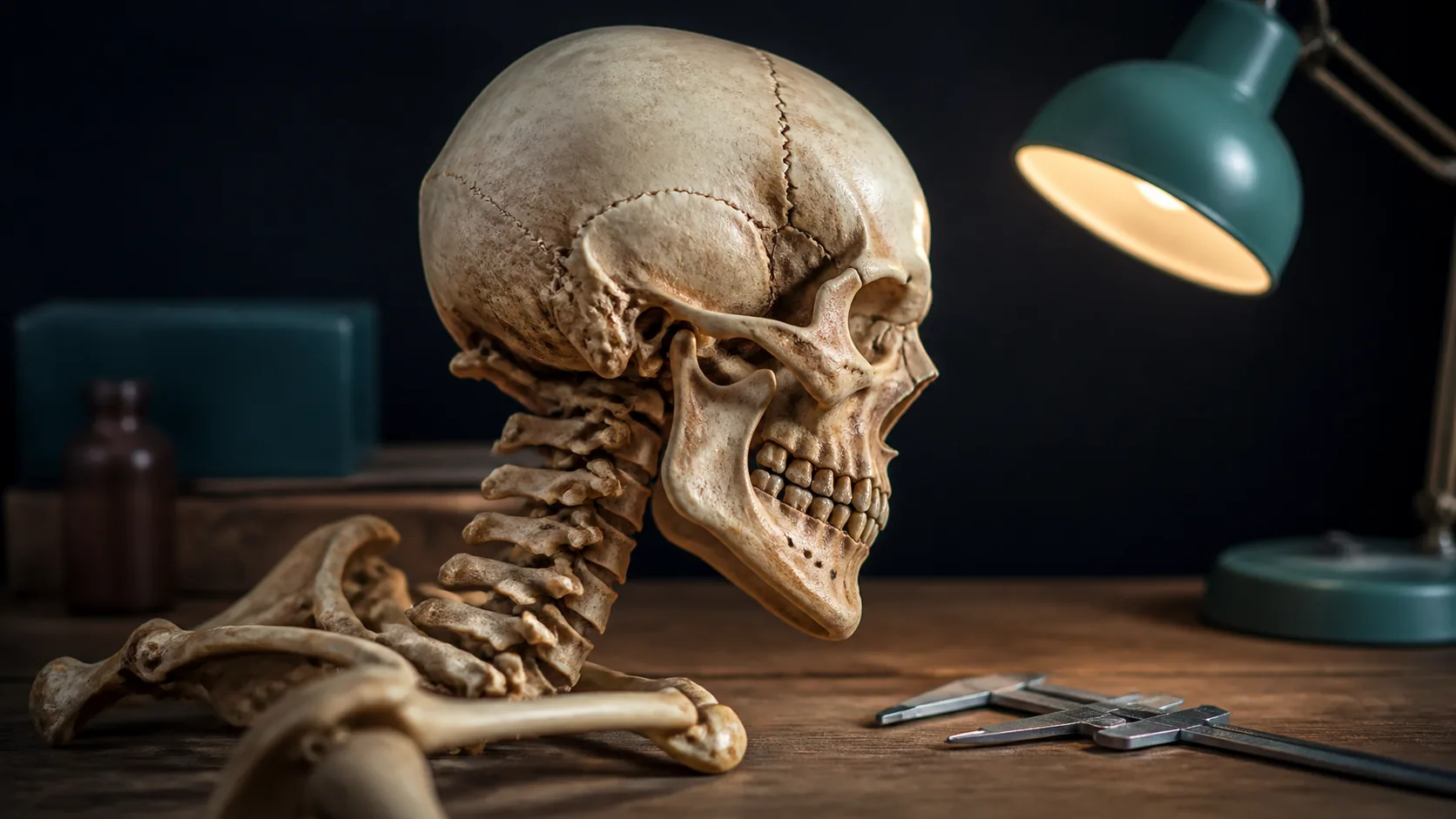 Dry human skull specimen turned to show the neck and jaw on a study table, calipers lying beside it, dark background