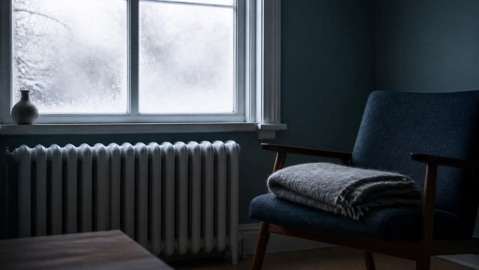 Cold radiator under a frosted window in a quiet room, a folded wool blanket on the chair beside it, blue winter light