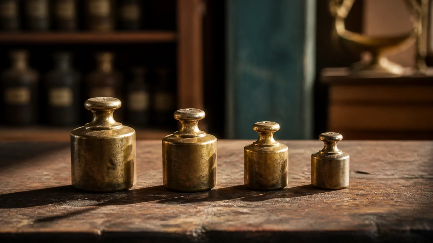 Four brass apothecary weights of slightly different sizes arranged in a row on a worn wooden counter