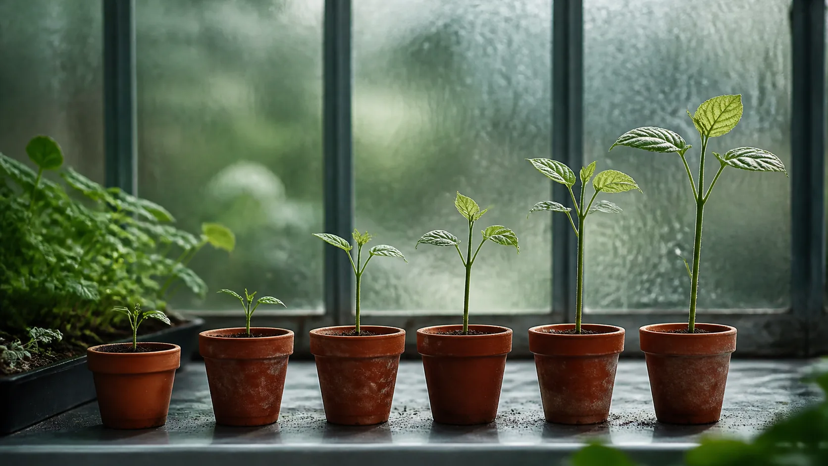 Row of seedlings at different heights in small terracotta pots on a greenhouse bench, condensation on the glass behind