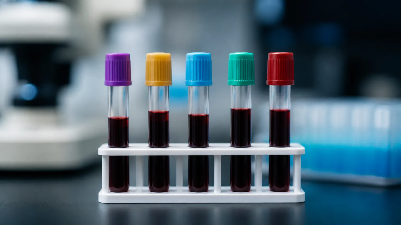 Five capped blood tubes with different colored stoppers standing in a white rack against a dark bench