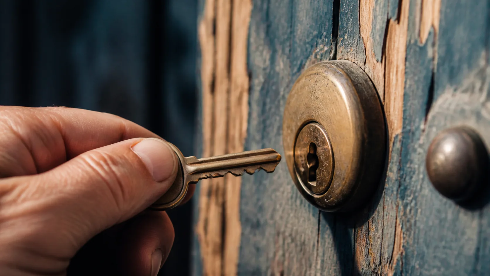 Door key held against a worn brass lock that it no longer turns, close macro on a weathered wooden door, warm side light