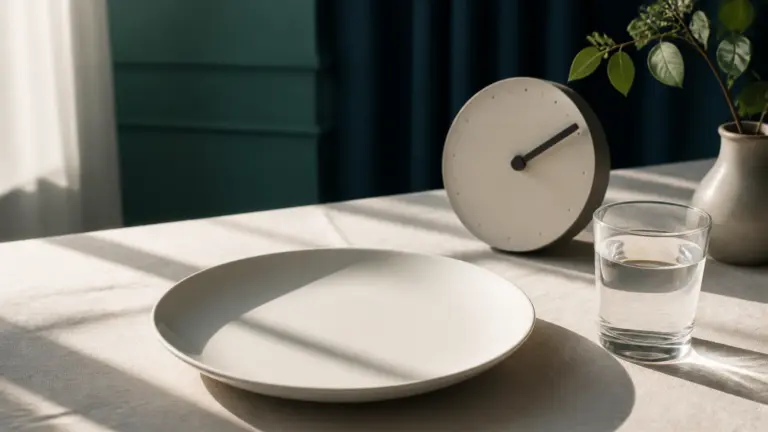 Photoreal editorial still life of an empty white ceramic plate next to a plain analog clock face and a glass of water on a...