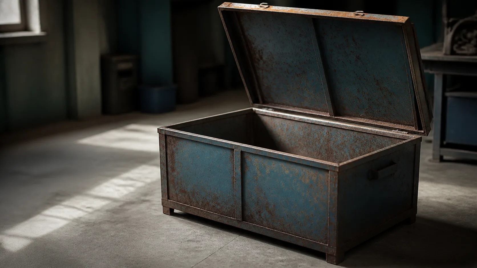 Empty rusted metal storage bin on a concrete workshop floor, lid open, thin light from a high window