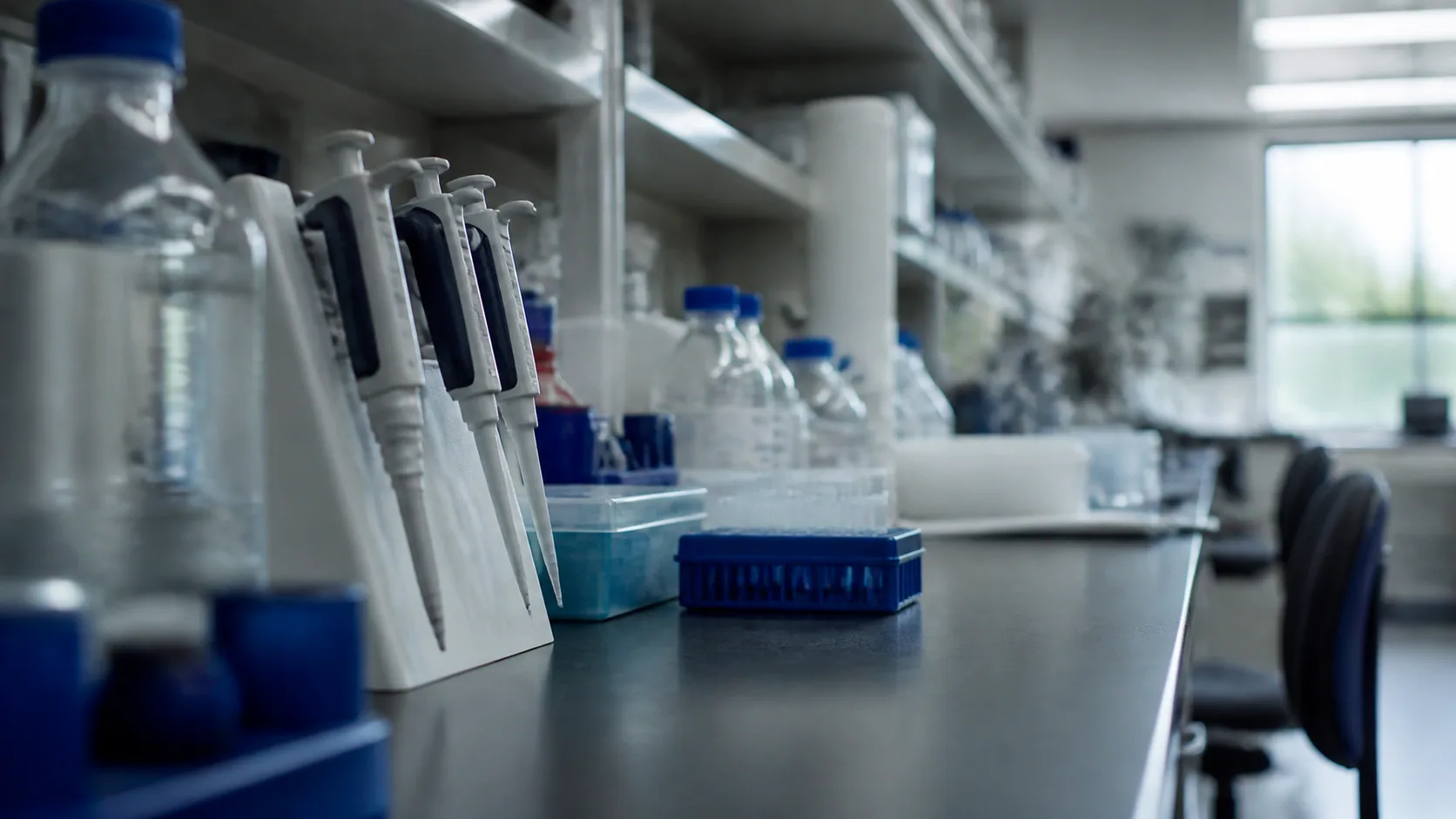 Laboratory bench seen down its length with racks, pipettes and reagent bottles receding out of focus, cool overhead light