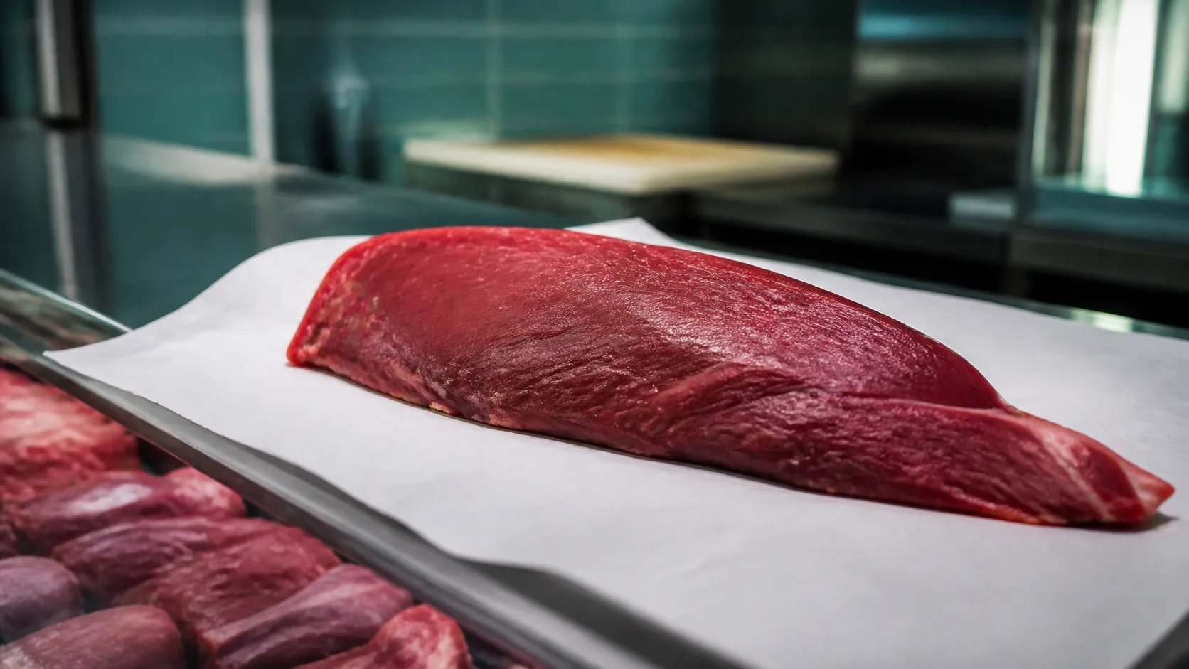 Butcher's counter with a lean trimmed cut of meat on white paper, deep red muscle fiber grain visible, cold display light