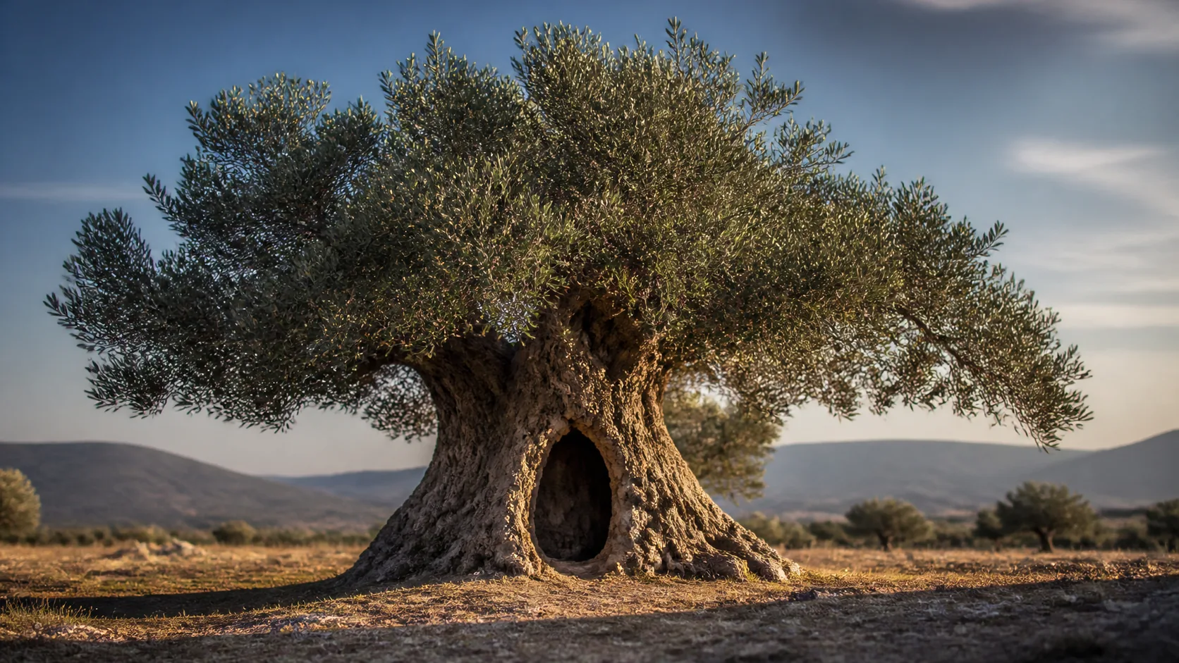 Vast ancient olive tree with a hollowed gnarled trunk still carrying a full green canopy, standing alone in a dry field