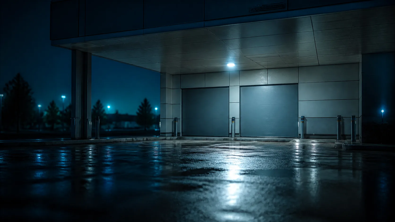 Empty hospital ambulance bay at night, doors closed, wet tarmac reflecting a single overhead light