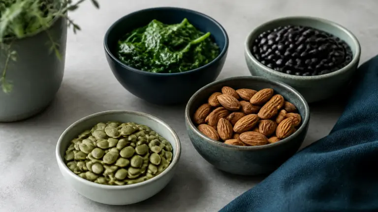 Photoreal editorial still life of pumpkin seeds, whole almonds