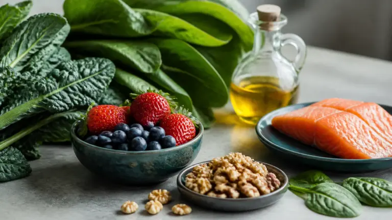 Photoreal editorial still life on a pale stone kitchen counter of fresh leafy greens, a bowl of blueberries and strawberries