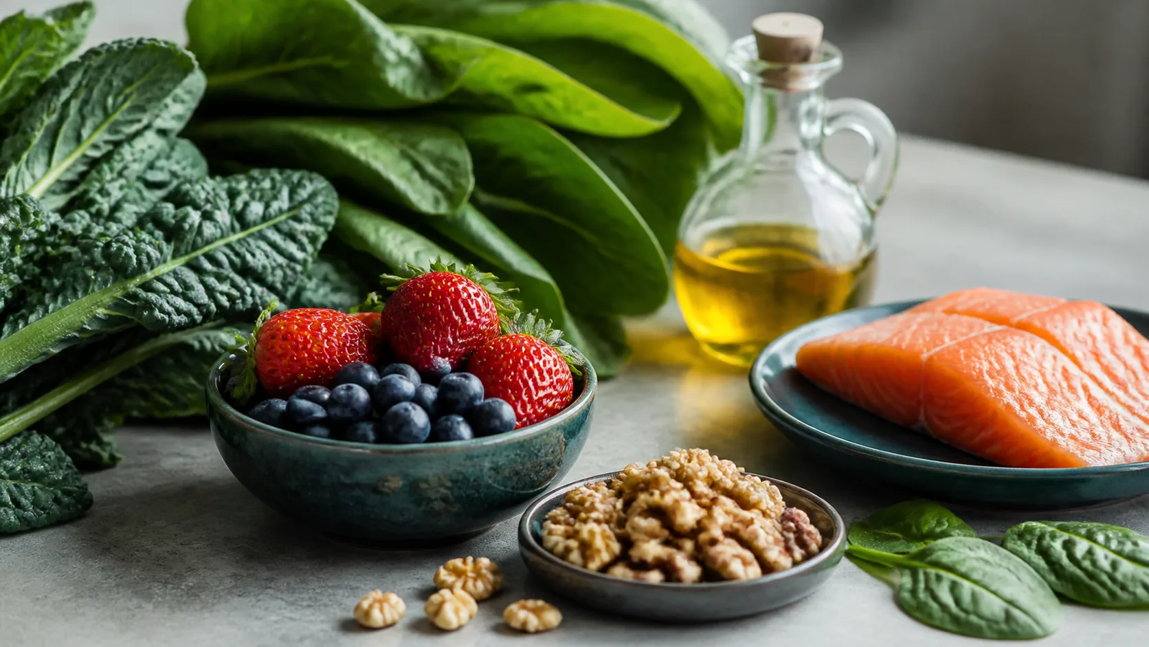 Photoreal editorial still life on a pale stone kitchen counter of fresh leafy greens, a bowl of blueberries and strawberries