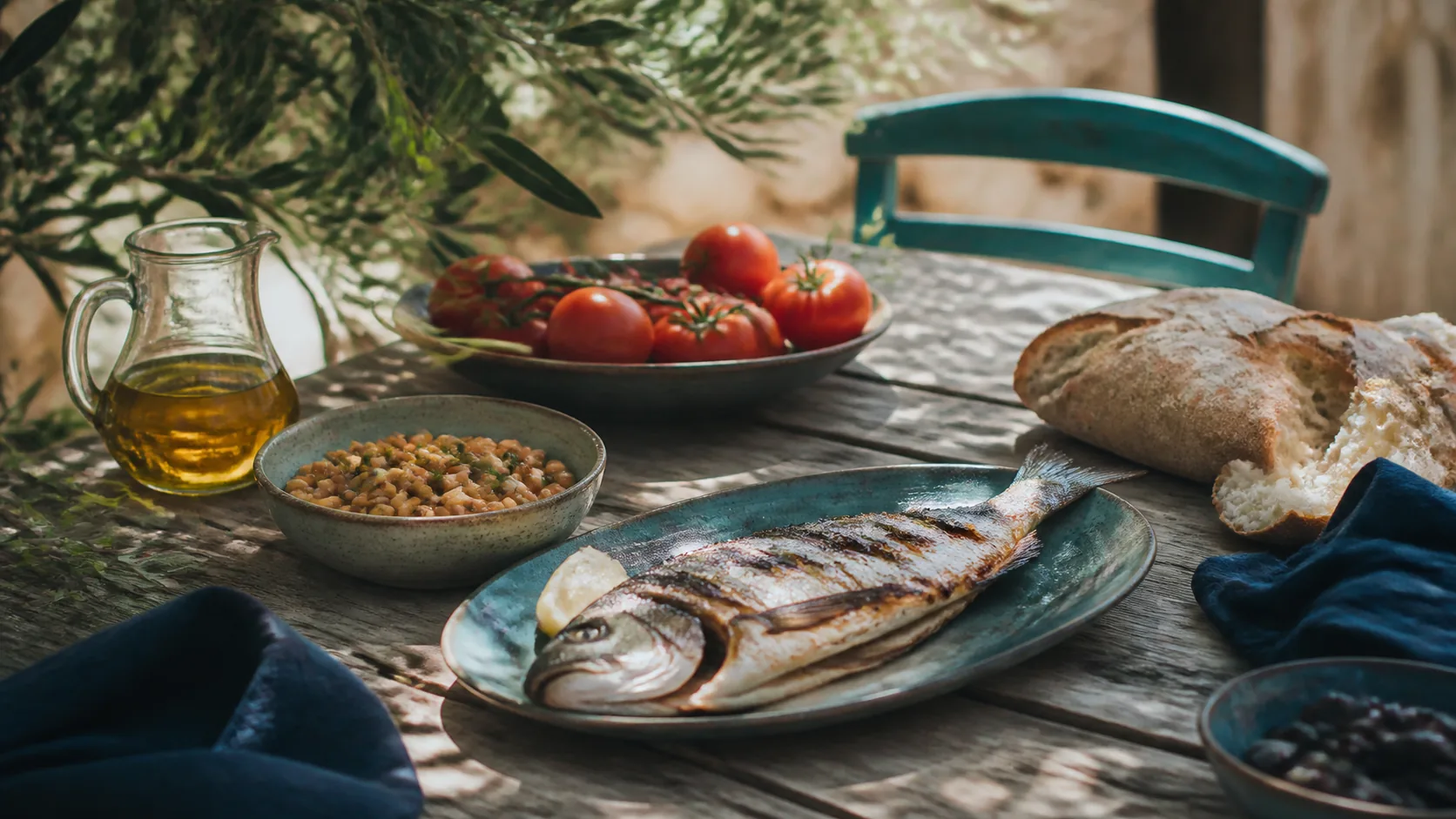 Wooden table laid with olive oil in a small jug, tomatoes, a bowl of chickpeas, a whole grilled fish and a torn loaf