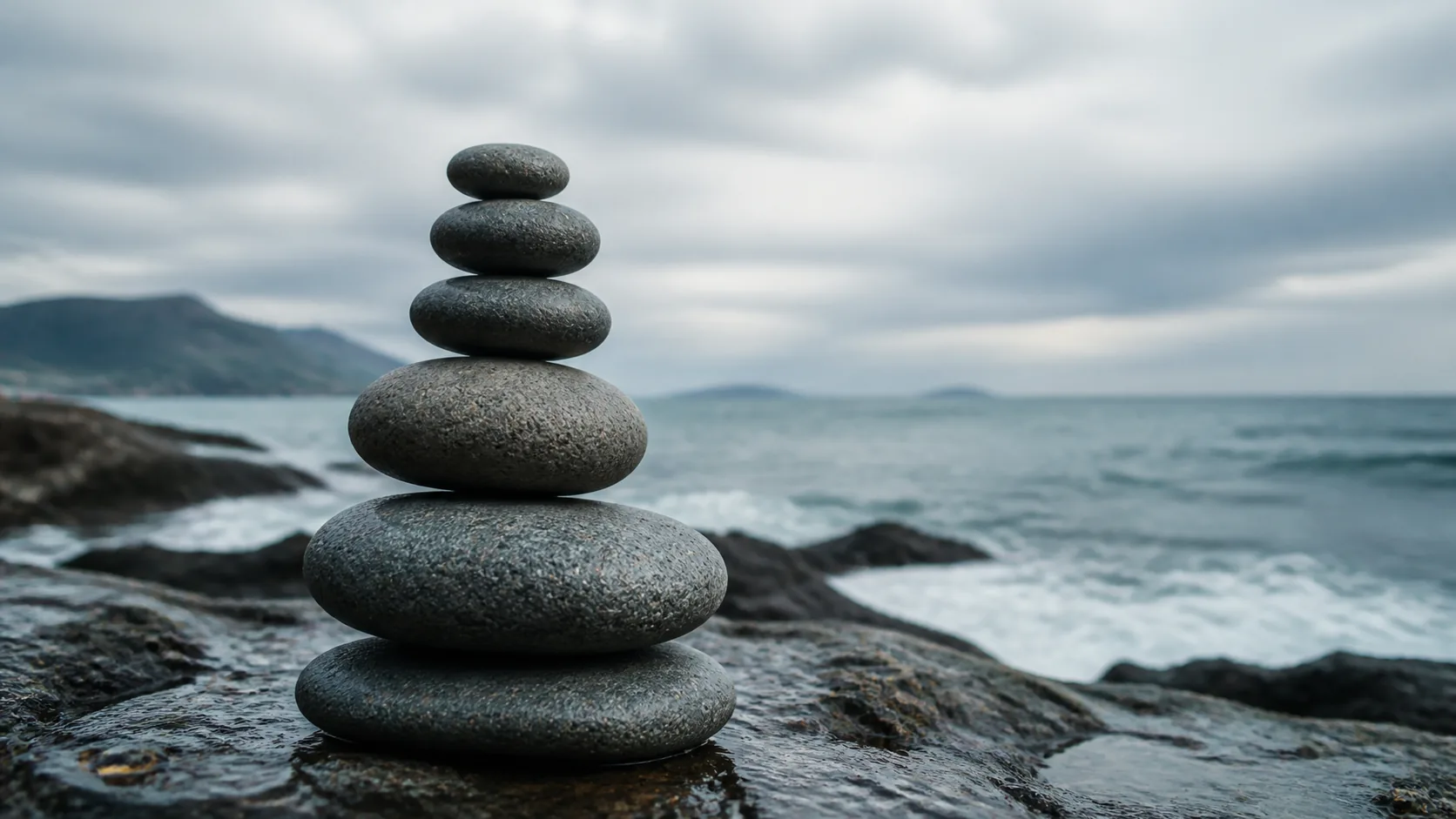 Five smooth grey stones stacked in a careful cairn on a wet shore, three of them noticeably larger, overcast light