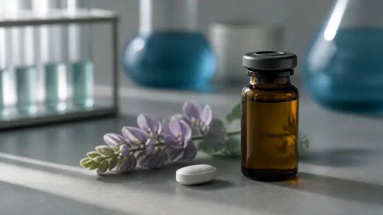 Single plain white oval tablet resting on a matte gray laboratory bench beside a sealed amber glass vial and a small sprig...