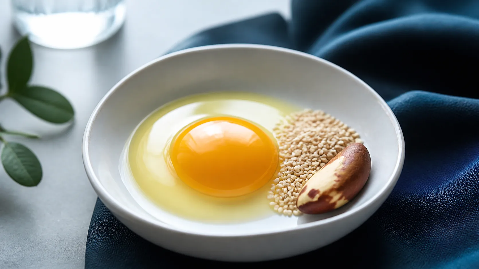 Single raw egg cracked into a white porcelain bowl beside a small heap of sesame seeds and a brazil nut, soft window light
