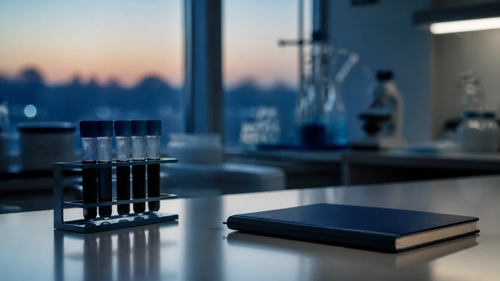 Laboratory bench at dawn with a small rack of fasting blood tubes beside a closed notebook, cold blue window light