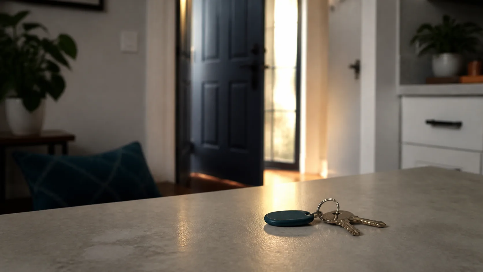Set of house keys left on a kitchen counter beside a still-open front door, warm hallway light spilling in