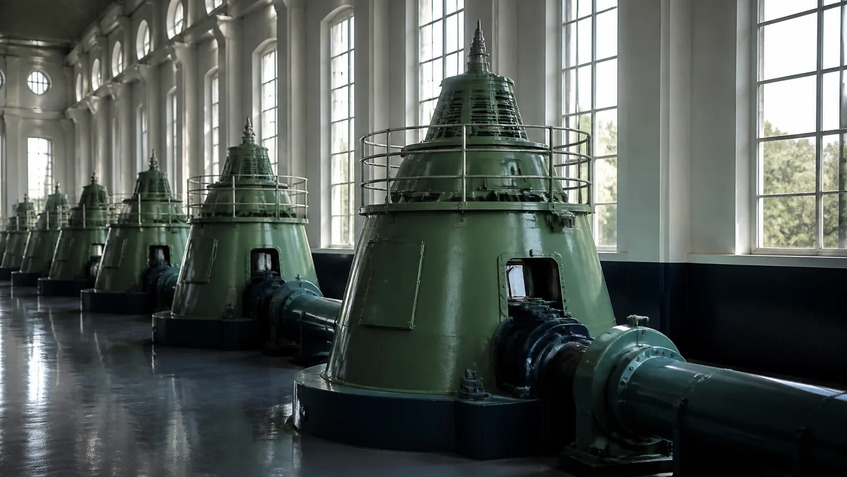 Hydroelectric turbine hall with rows of green-painted generator housings under high windows, cool industrial light