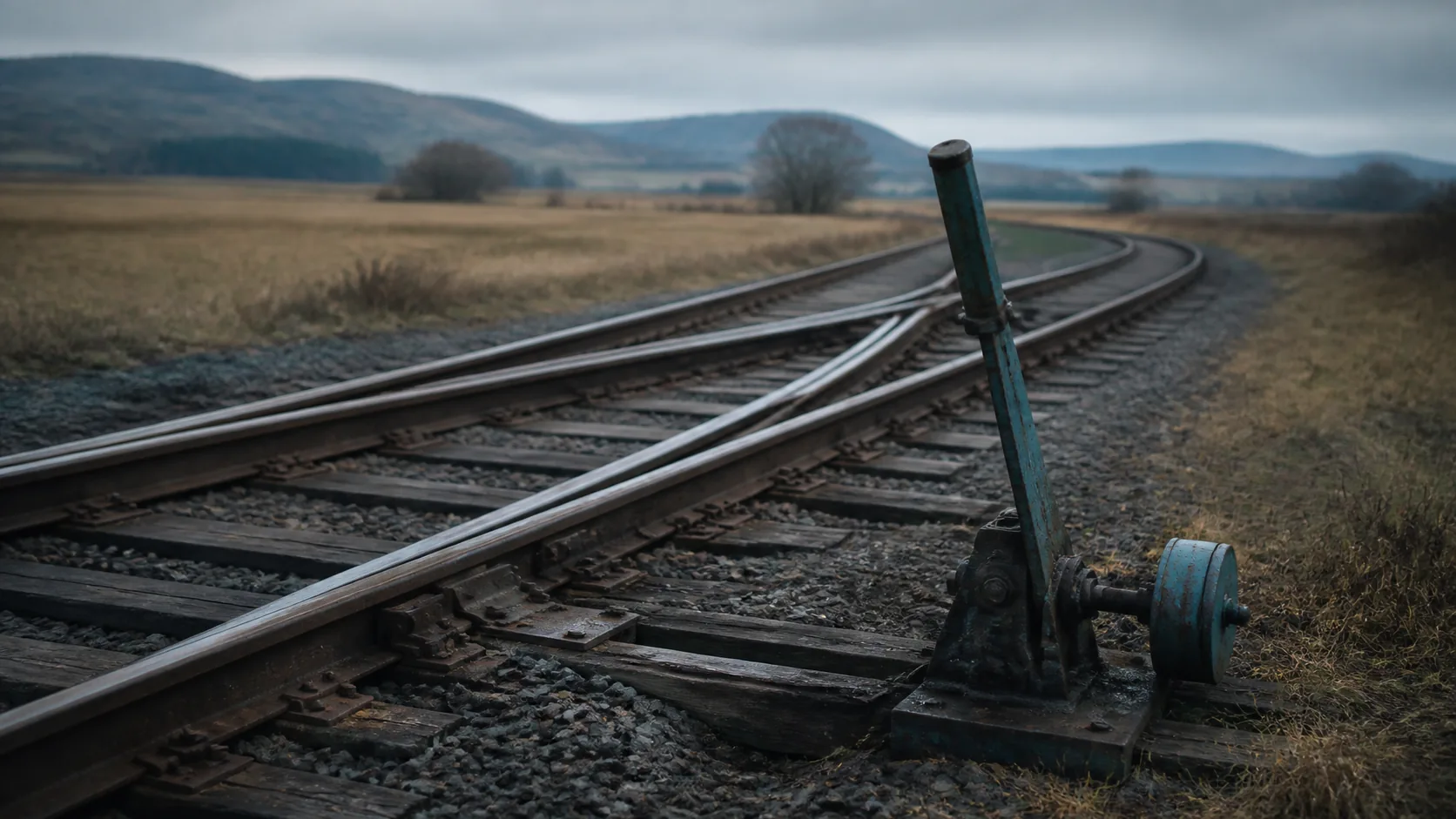 Single railway junction switch on a curved track in open countryside, worn steel lever and points, overcast light