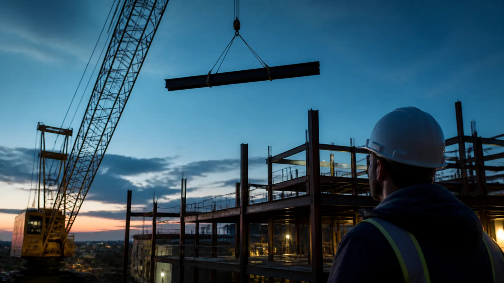 Construction site crane at dusk lifting a steel beam above a partly built frame, cool blue sky and warm site lights