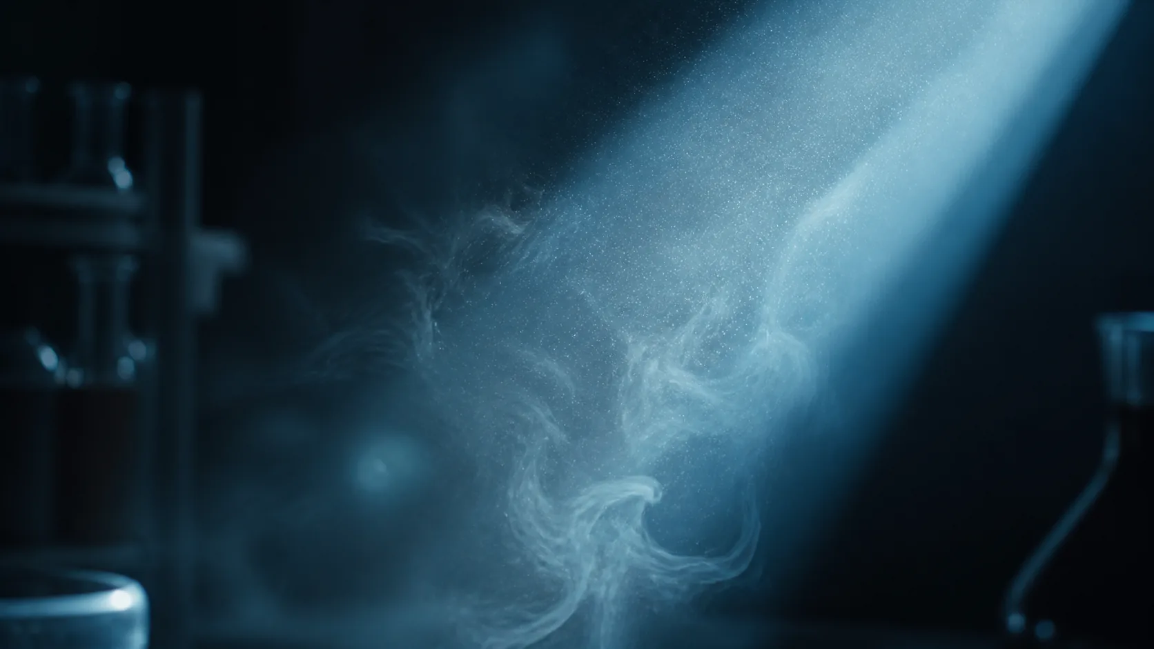Thin haze of smoke drifting through a shaft of light in a dark room, particles suspended, cool blue beam