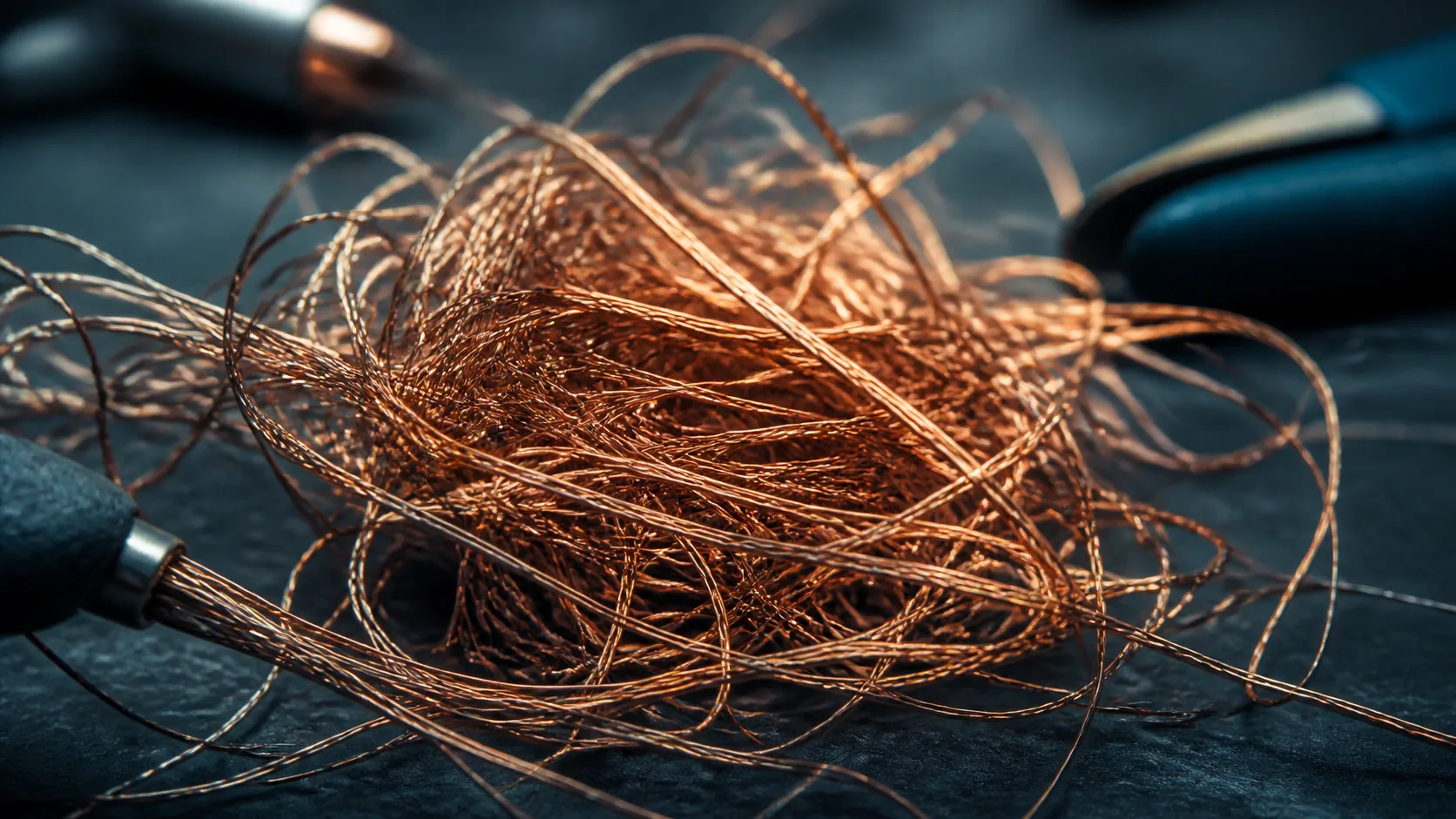 Dense tangle of fine copper wiring on a dark workbench, individual strands catching the light, extreme macro