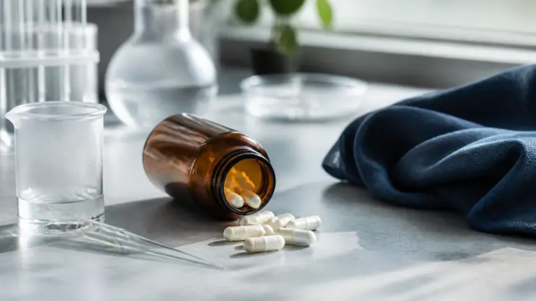 Photoreal editorial still life of white NMN capsules spilling from a small amber glass supplement bottle onto a pale grey ...