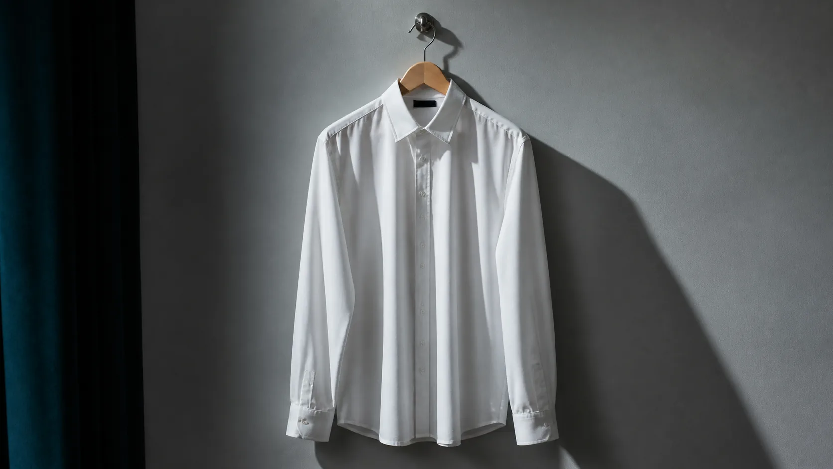 Single unremarkable white shirt on a wooden hanger against a plain grey wall, hard side light throwing a long shadow