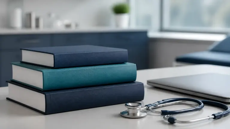 Three stacked medical reference books of increasing thickness on a clinic desk beside a stethoscope and a closed laptop