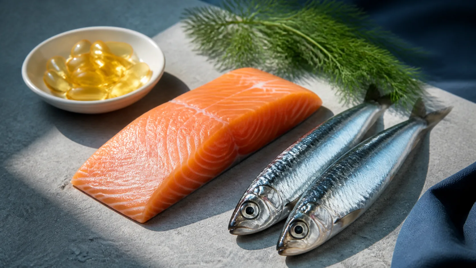 Photoreal overhead editorial still life of a raw salmon fillet and two whole sardines on a pale grey stone slab