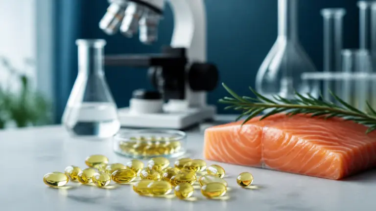 Photoreal editorial still life of translucent amber omega-3 fish oil capsules scattered on a pale grey stone surface besid...