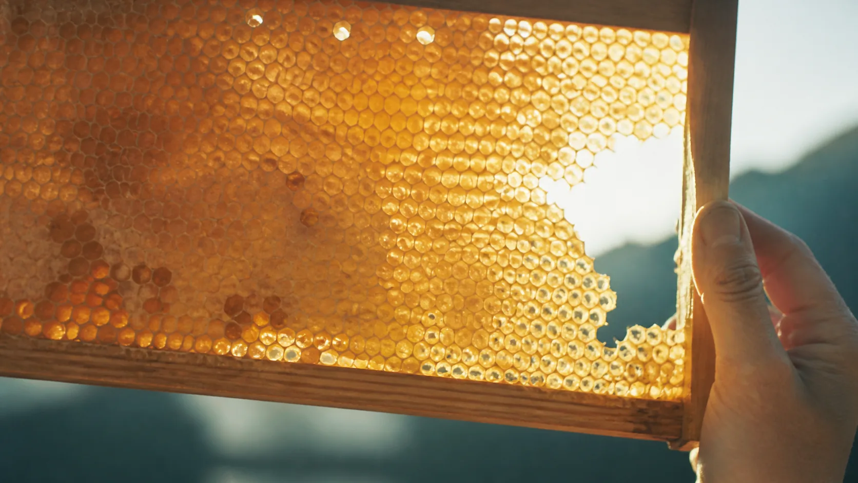 Honeycomb frame held up to the light with its wax cells thinning at one edge, backlit, warm amber glow