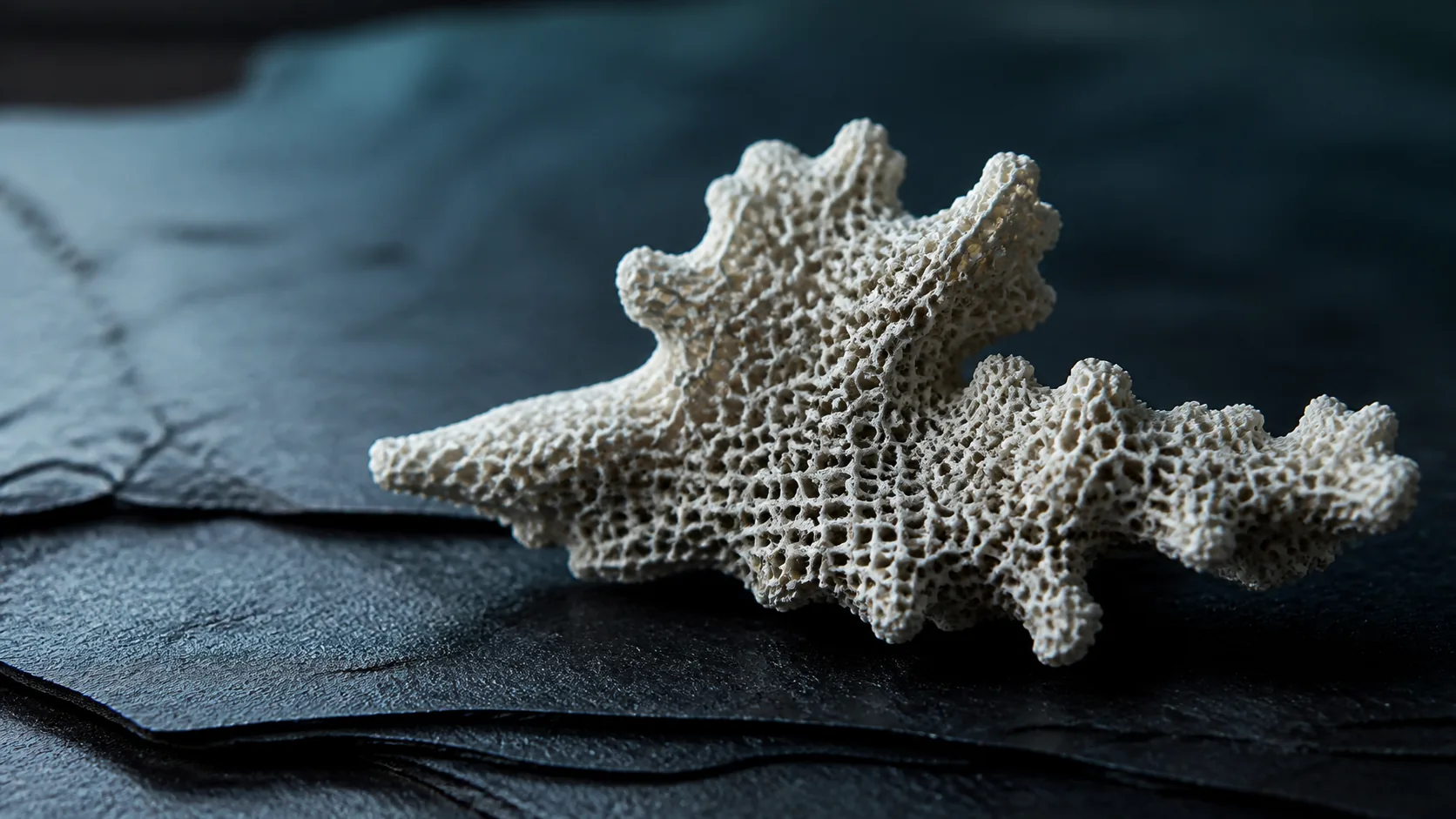 Piece of dry porous coral on black slate, its lattice visibly open and brittle, hard raking light, stark structural macro