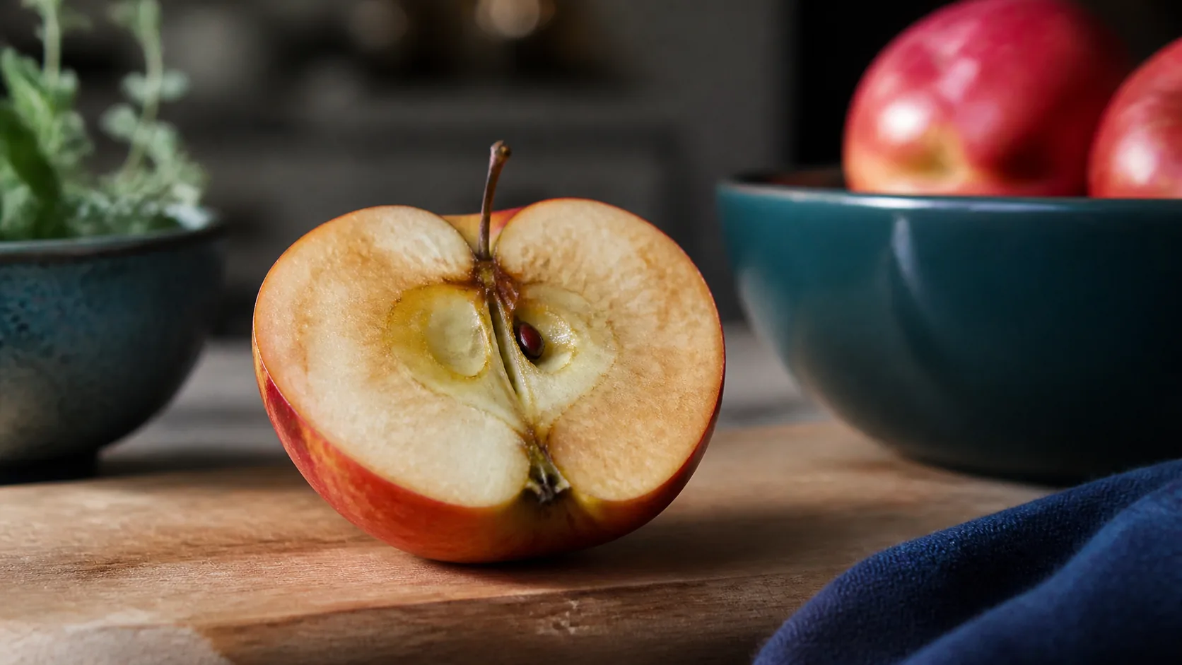 Sliced apple left out on a wooden board, the cut face browning at the edges, warm kitchen light, ordinary and immediate