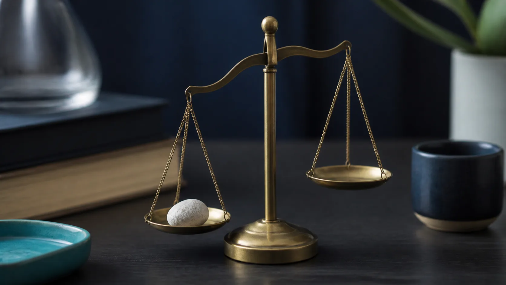 Small brass balance scale on a dark desk with a chalky white pebble in one pan, softly lit, quiet regulatory metaphor
