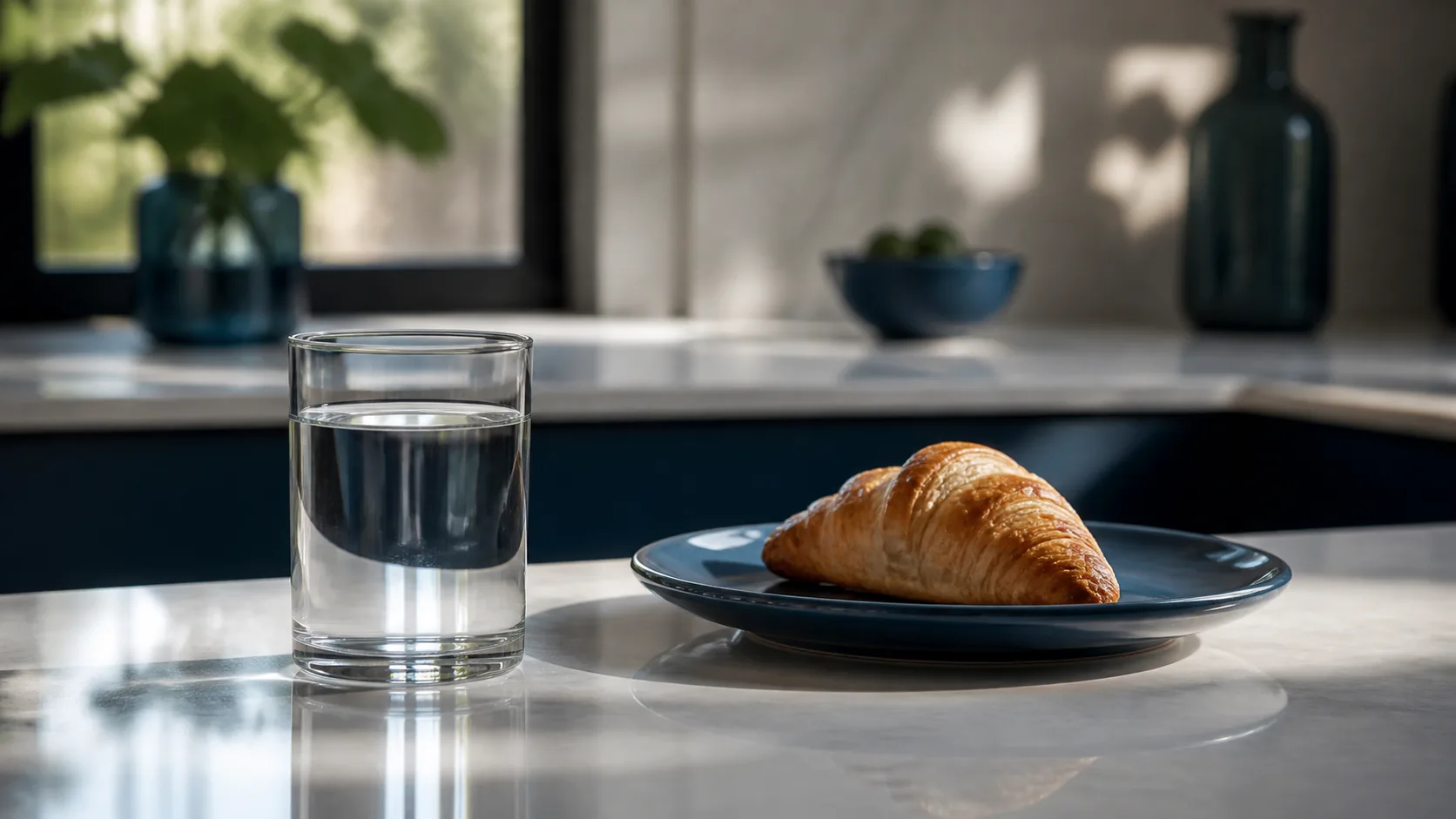 Single glass of water on a kitchen counter beside an untouched pastry on a plate, morning light