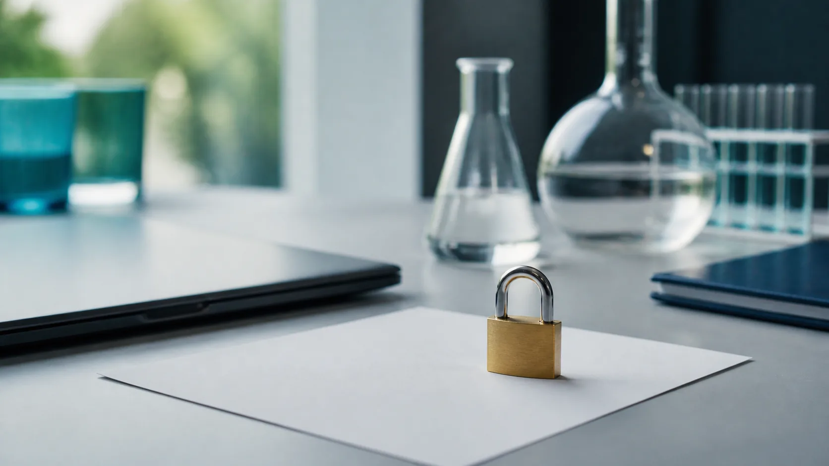 Photoreal editorial still life of a small brass padlock resting on a blank sheet of white paper next to a closed laptop on...