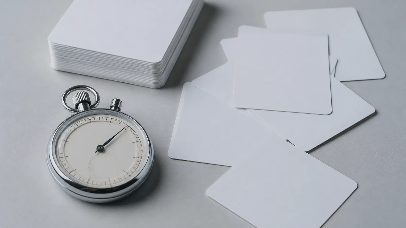 Mechanical stopwatch lying on a plain table beside a scattered deck of blank white cards, cold even light, top-down