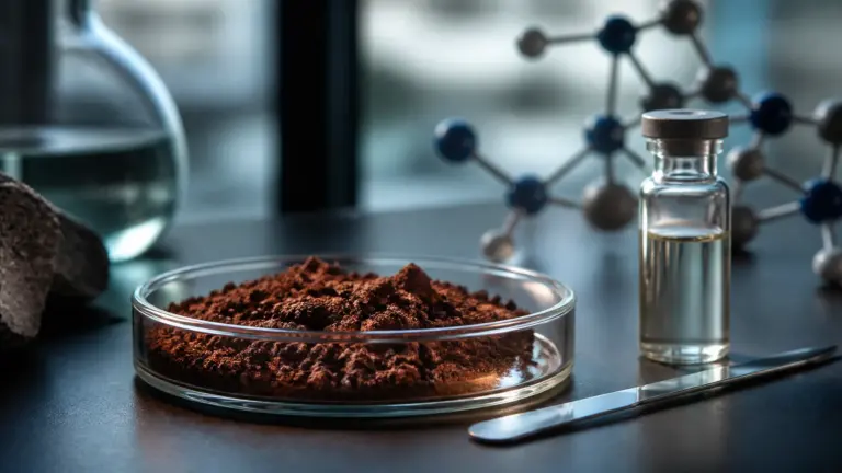 Photoreal editorial close-up of a laboratory bench where a shallow glass petri dish of reddish volcanic island soil sits b...
