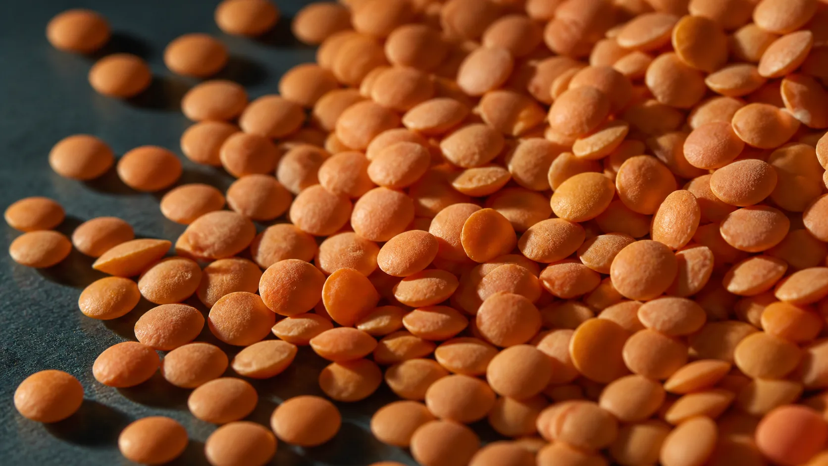 Dense scatter of small red lentils filling the frame on a dark surface, extreme macro, warm side light picking out each disc