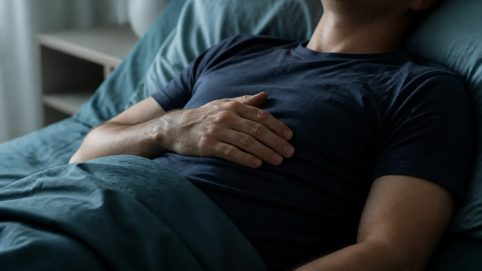 Person lying still on a made bed in the early morning, one hand resting on the chest, cropped from the shoulders down