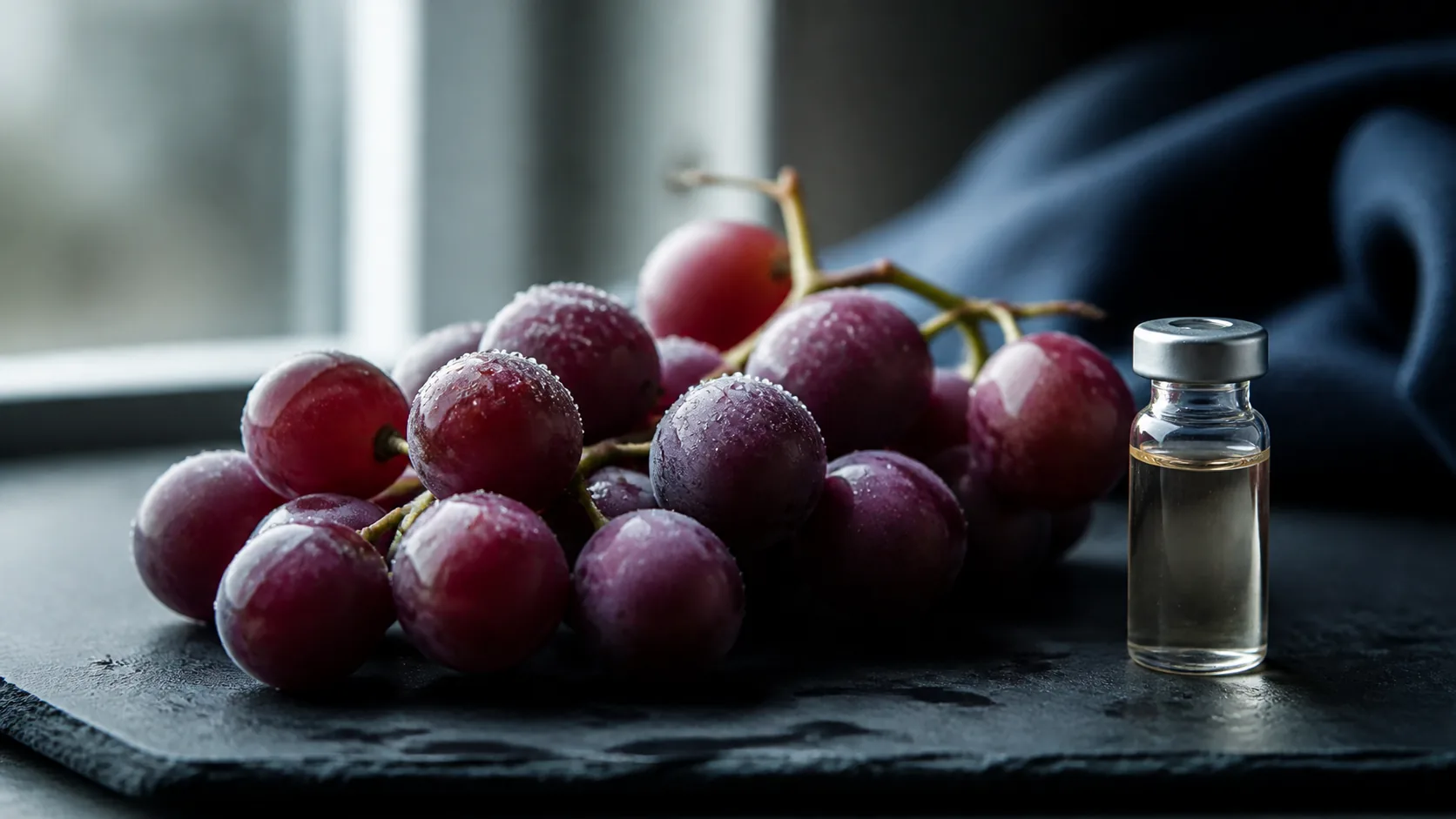 Photoreal editorial close-up of dark red wine grapes with dew on their skins resting on a matte slate surface beside a sma...