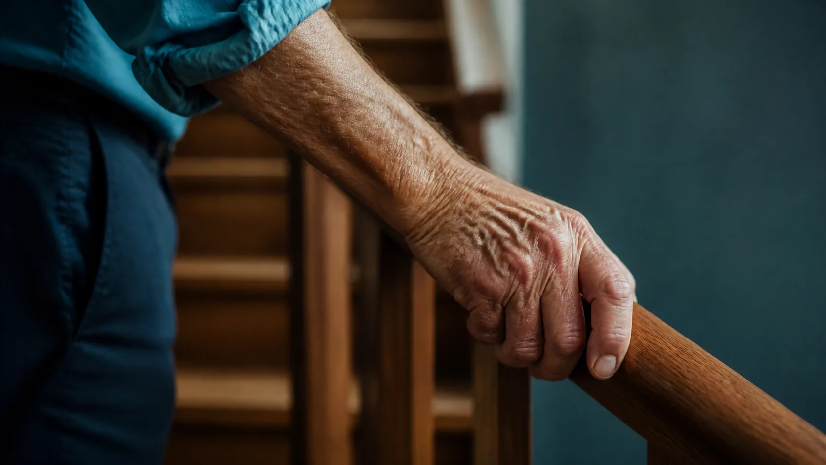 Older man's forearm and hand gripping a wooden stair rail, tendons visible, warm stairwell light, dignified and unposed