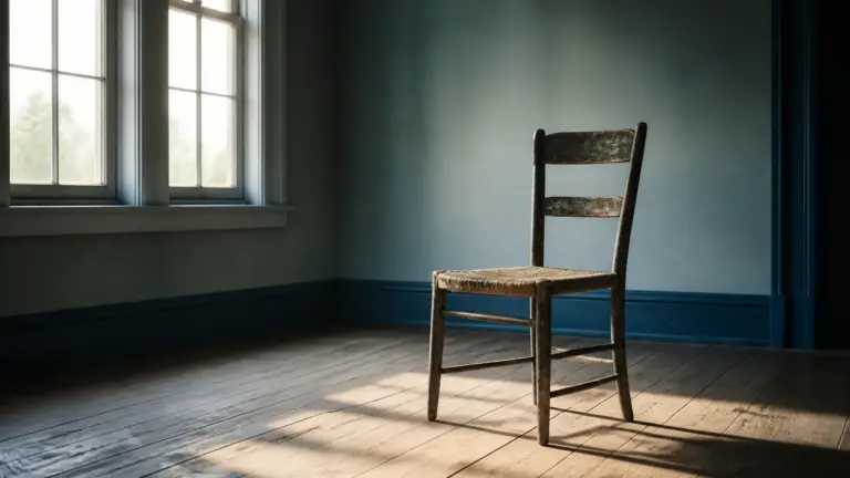 Old wooden chair with a worn seat standing alone in an empty sunlit room with bare floorboards