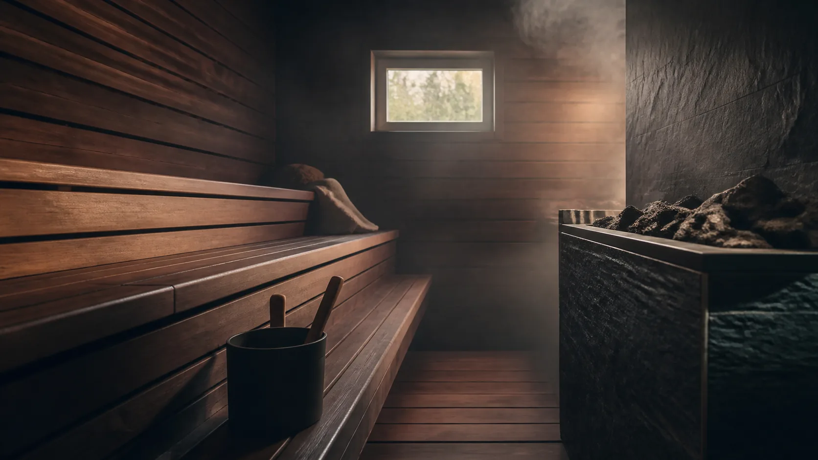 Photoreal editorial interior of an empty traditional Finnish sauna with warm cedar benches and a dark stone stove