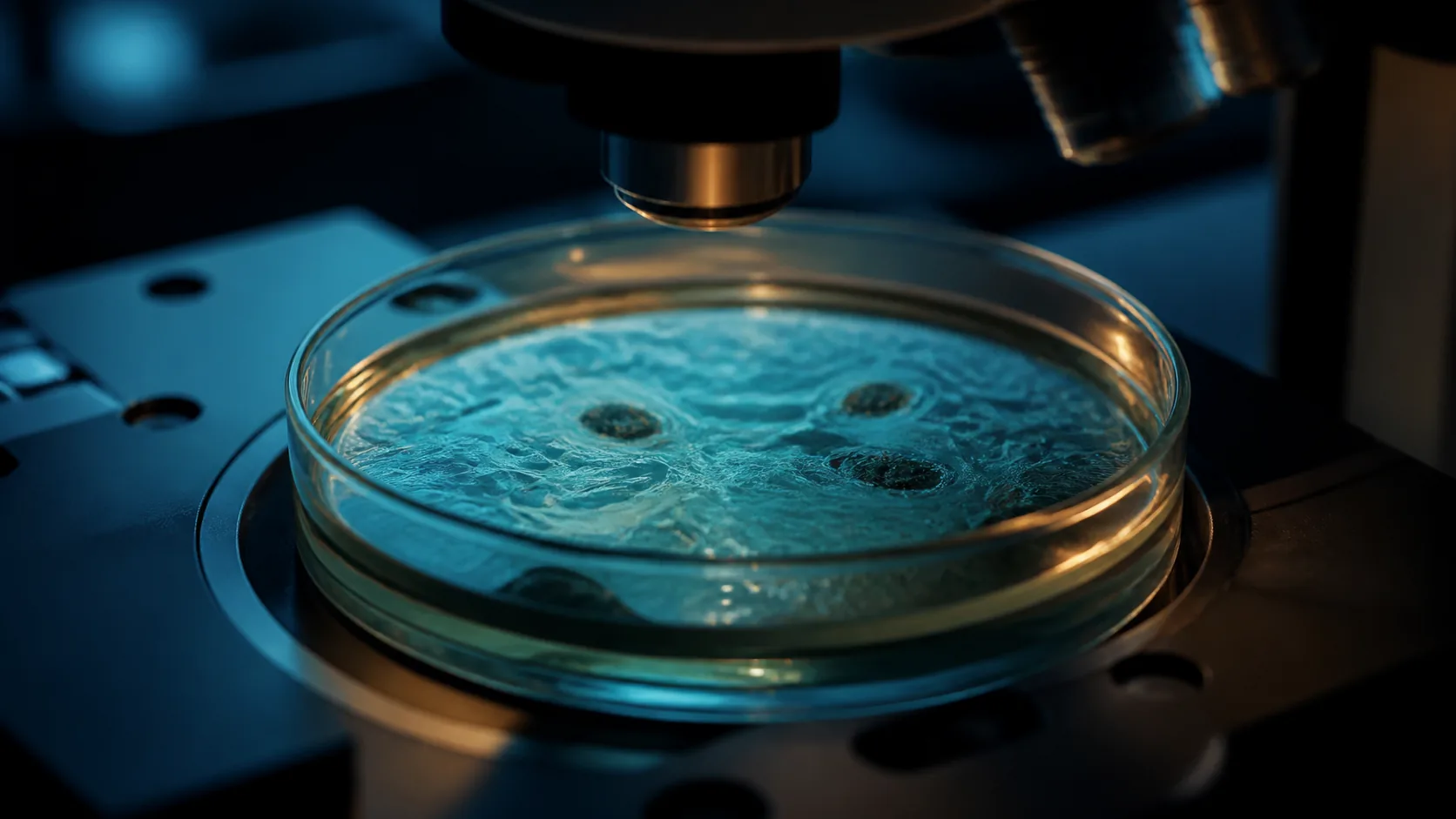Photoreal editorial macro of a cell-culture dish on a microscope stage