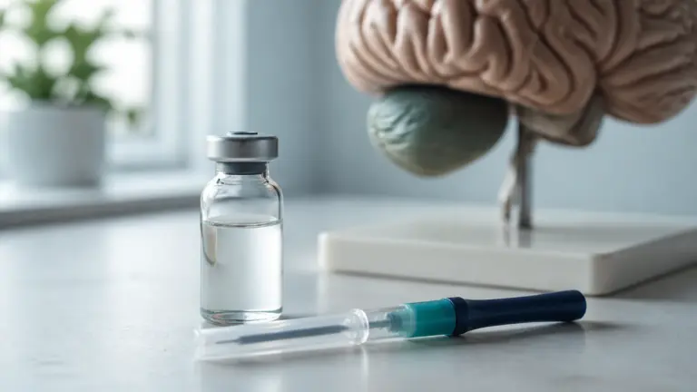 Photoreal editorial still life of a single glass vaccine vial and a capped syringe on a pale gray clinic countertop