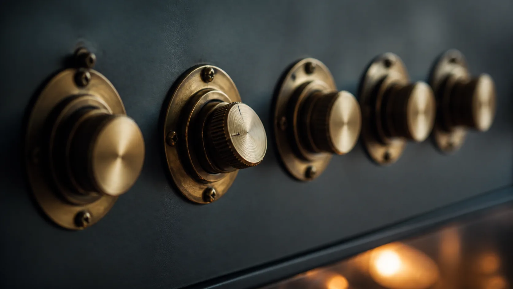 Row of vintage brass dimmer switches on a dark panel, one turned partly down, warm tungsten glow, fine-control metaphor