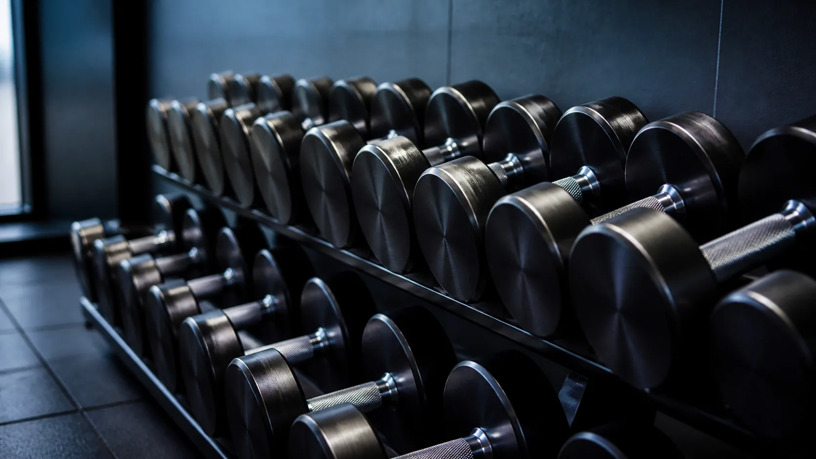 Rack of steel dumbbells in ascending size against a dark gym wall, knurled handles catching cool overhead light