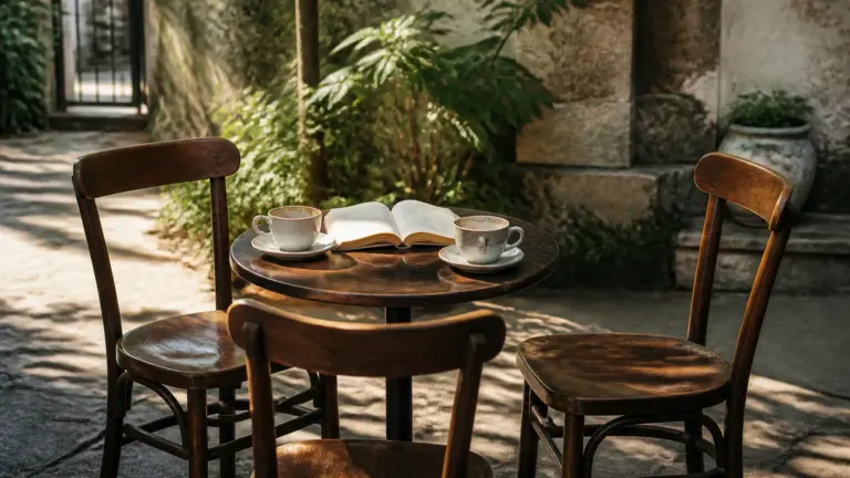 Photoreal editorial scene of three empty wooden chairs drawn close around a small round table with two half-finished cups ...